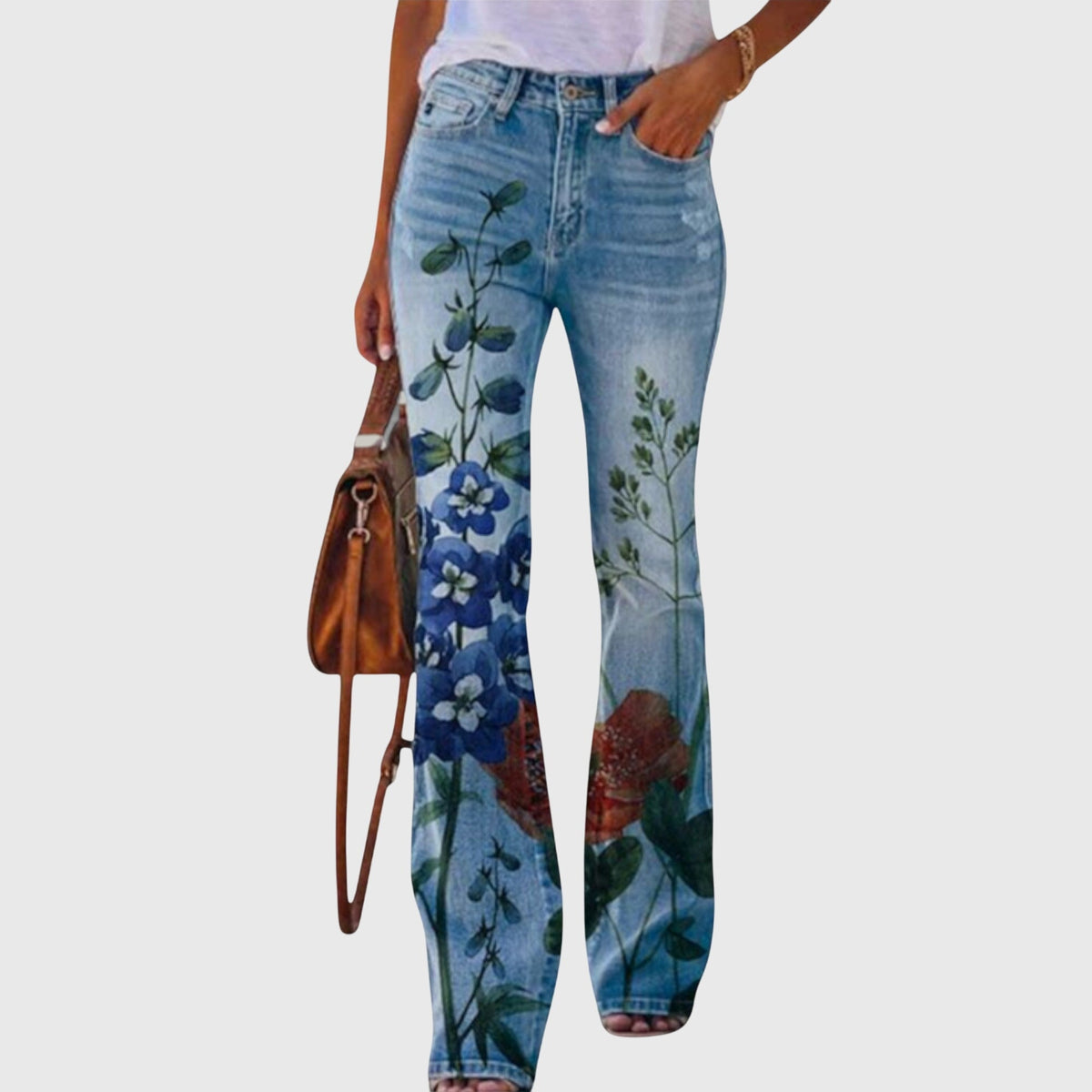 Floral Print Flare Jeans High Waist Blue Denim Women's – Casual, Holiday, Office, Gift