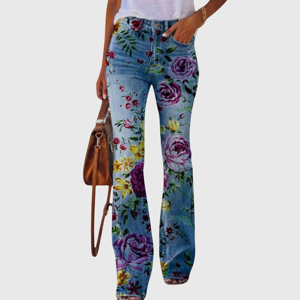 Floral Print Flare Jeans High Waist Blue Denim Women's – Casual, Holiday, Office, Gift