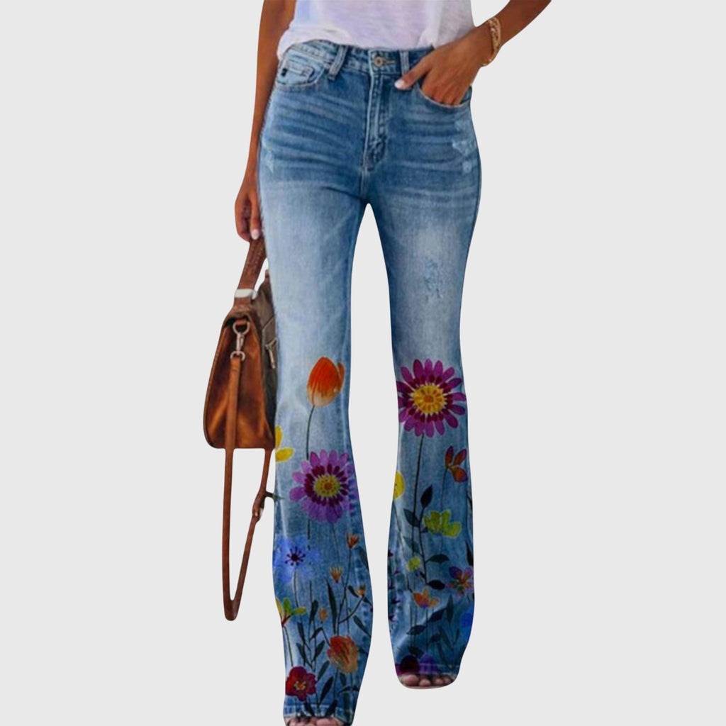 Floral Print Flare Jeans High Waist Blue Denim Women's – Casual, Holiday, Office, Gift