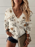 Floral V-Neck Knit Jumper Women's Long Sleeve Beige Pullover – Casual, Office, Holiday, Gift