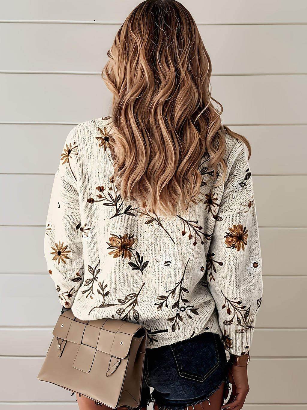 Floral V-Neck Knit Jumper Women's Long Sleeve Beige Pullover – Casual, Office, Holiday, Gift