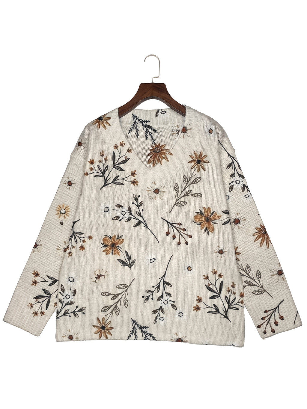 Floral V-Neck Knit Jumper Women's Long Sleeve Beige Pullover – Casual, Office, Holiday, Gift