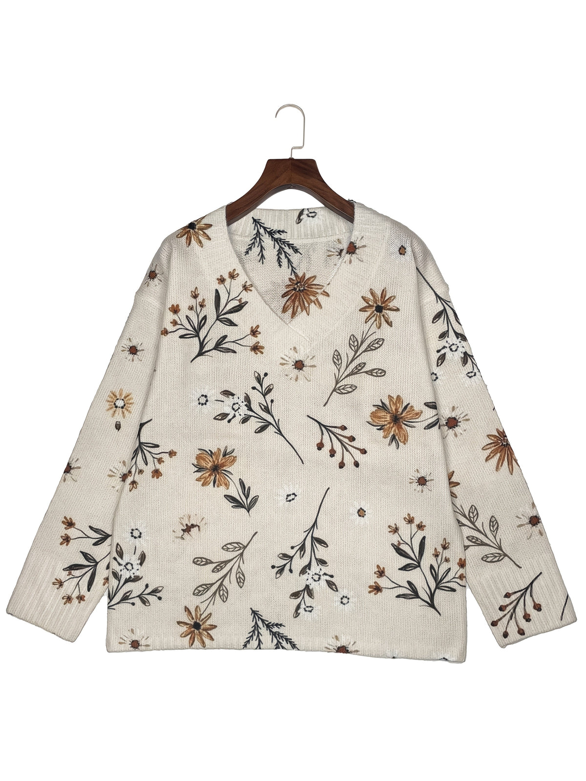Floral V-Neck Knit Jumper Women's Long Sleeve Beige Pullover – Casual, Office, Holiday, Gift
