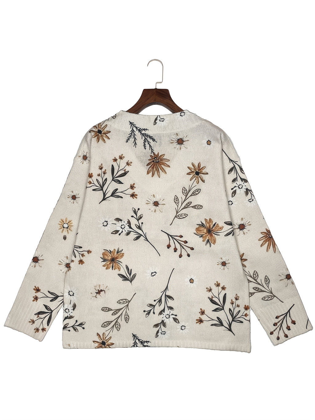 Floral V-Neck Knit Jumper Women's Long Sleeve Beige Pullover – Casual, Office, Holiday, Gift