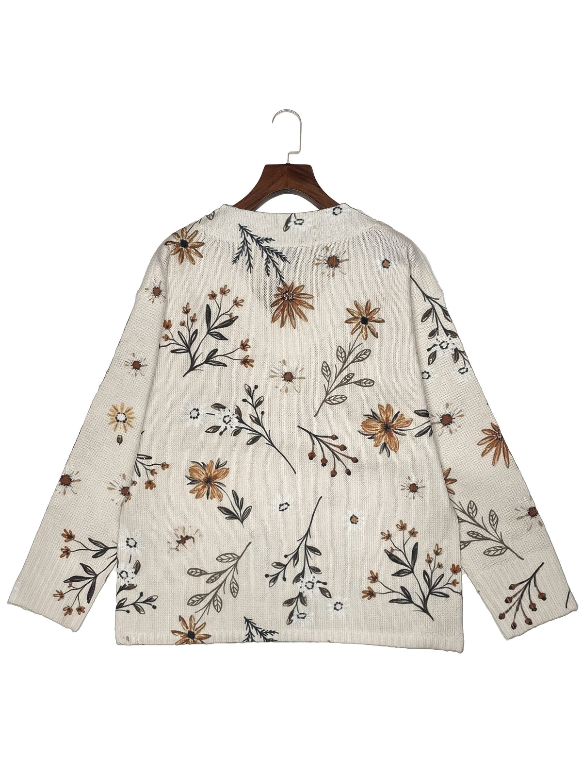 Floral V-Neck Knit Jumper Women's Long Sleeve Beige Pullover – Casual, Office, Holiday, Gift