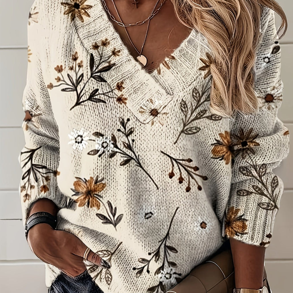 Floral V-Neck Knit Jumper Women's Long Sleeve Beige Pullover – Casual, Office, Holiday, Gift