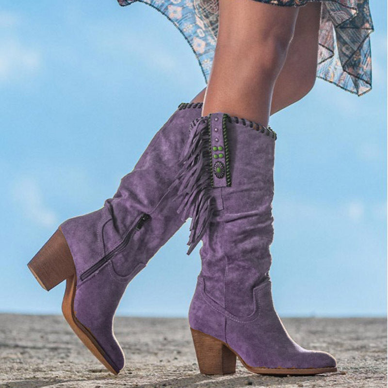 Fringe Cowgirl Boots Suede Knee High Block Heel Women's – Western, Casual, Holiday, Gift