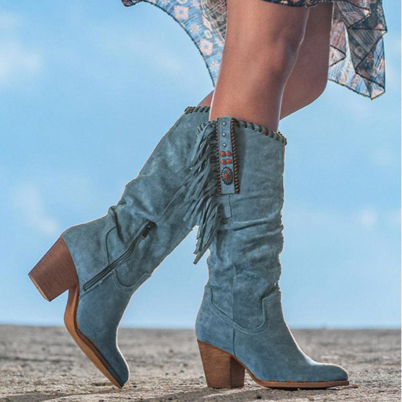 Fringe Cowgirl Boots Suede Knee High Block Heel Women's – Western, Casual, Holiday, Gift