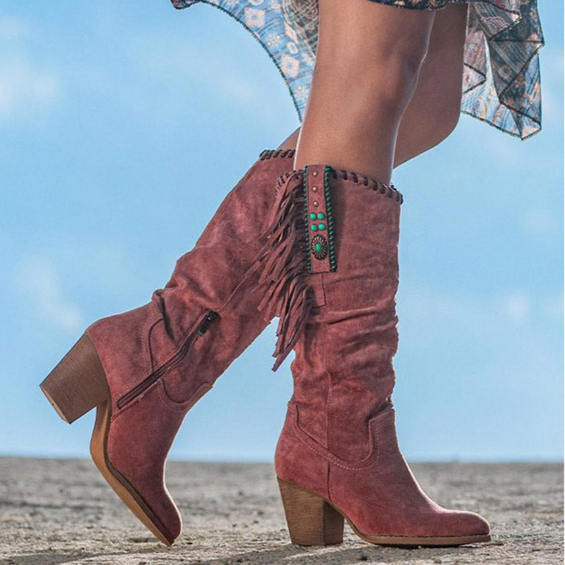 Fringe Cowgirl Boots Suede Knee High Block Heel Women's – Western, Casual, Holiday, Gift