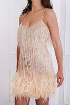 Fringe Mini Dress Beaded Feather Trim Women's – Cocktail, Party, Holiday, Gift · Werune