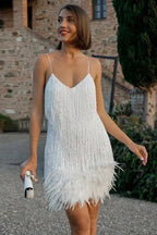 Fringe Mini Dress Beaded Feather Trim Women's – Cocktail, Party, Holiday, Gift · Werune