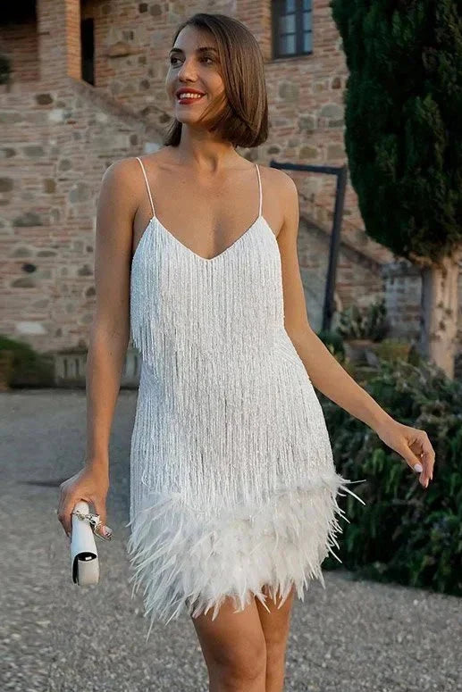 Fringe Mini Dress Beaded Feather Trim Women's – Cocktail, Party, Holiday, Gift · Werune