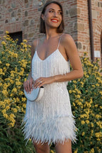 Fringe Mini Dress Beaded Feather Trim Women's – Cocktail, Party, Holiday, Gift · Werune