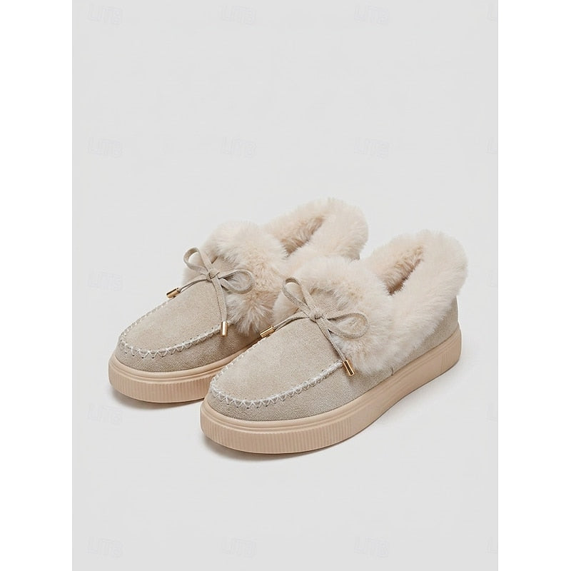Fur-Lined Moccasin Shoes Women's Suede Slip-On Bow Loafers Red – Casual, Winter, Gift