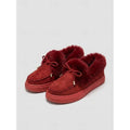 Fur-Lined Moccasin Shoes Women's Suede Slip-On Bow Loafers Red – Casual, Winter, Gift