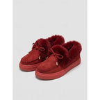Fur-Lined Moccasin Shoes Women's Suede Slip-On Bow Loafers Red – Casual, Winter, Gift