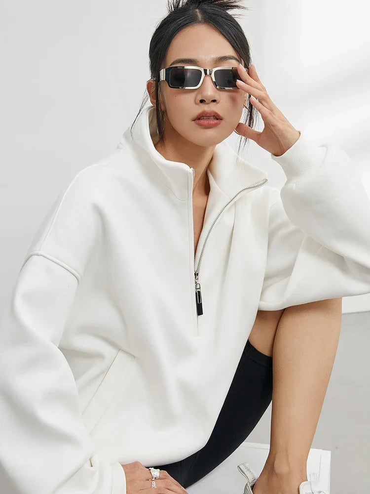 Half Zip Pullover Sweatshirt Oversized White Women's High Neck – Casual, Everyday