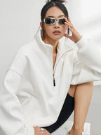 Half Zip Pullover Sweatshirt Oversized White Women's High Neck – Casual, Everyday