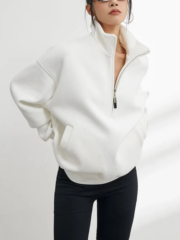 Half Zip Pullover Sweatshirt Oversized White Women's High Neck – Casual, Everyday