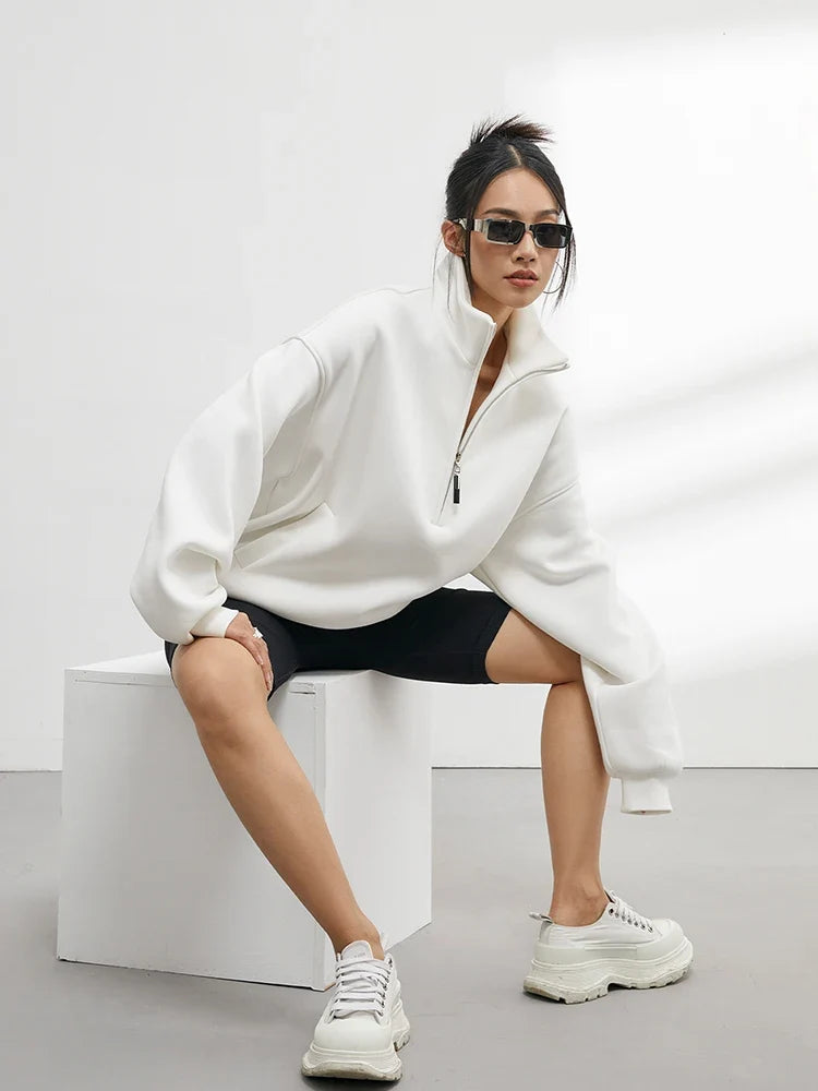 Half Zip Pullover Sweatshirt Oversized White Women's High Neck – Casual, Everyday