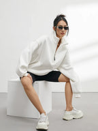 Half Zip Pullover Sweatshirt Oversized White Women's High Neck – Casual, Everyday
