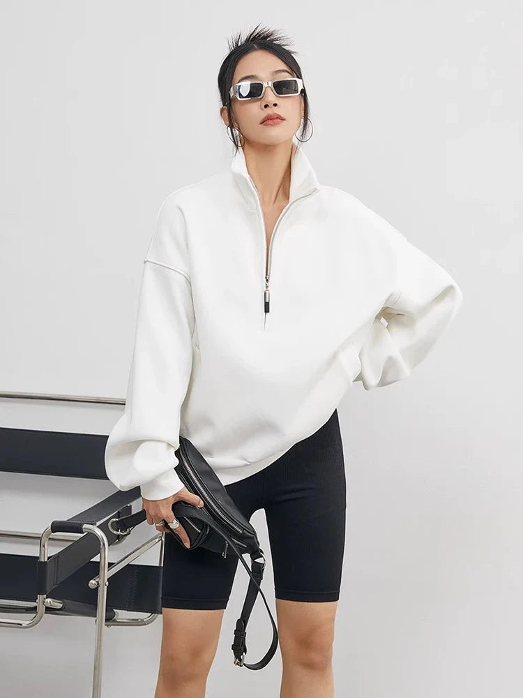 Half Zip Pullover Sweatshirt Oversized White Women's High Neck – Casual, Everyday
