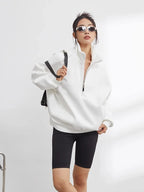 Half Zip Pullover Sweatshirt Oversized White Women's High Neck – Casual, Everyday