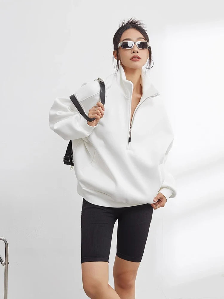 Half Zip Pullover Sweatshirt Oversized White Women's High Neck – Casual, Everyday