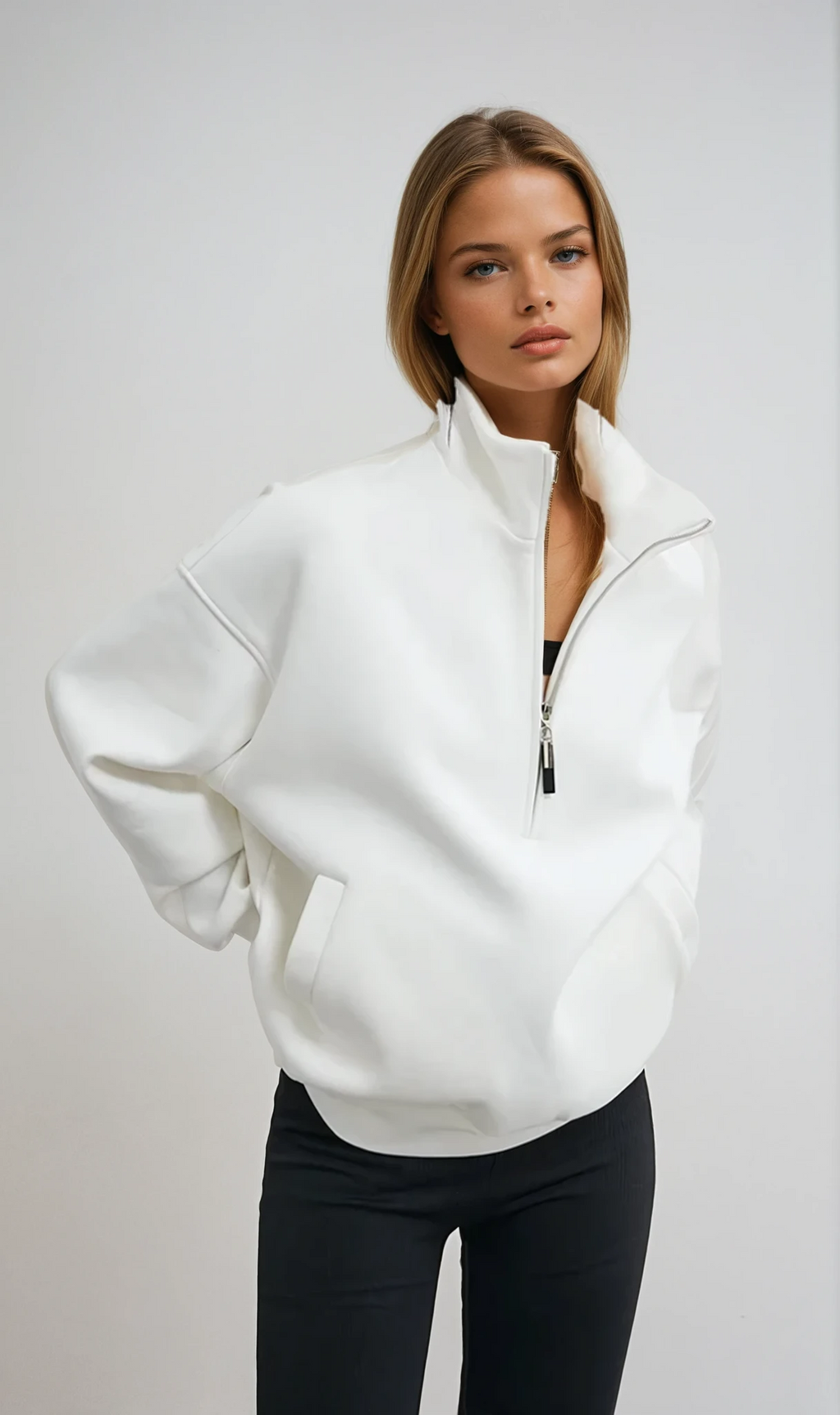 Half Zip Pullover Sweatshirt Oversized White Women's High Neck – Casual, Everyday