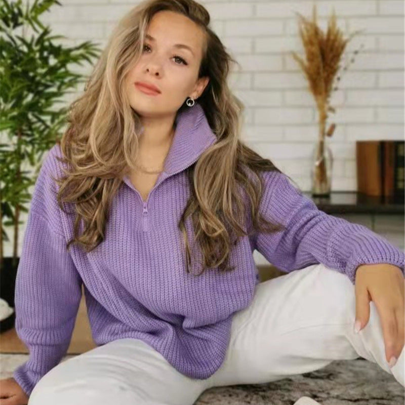 Half-Zip Sweater Ribbed Knit Purple Women's Pullover – Casual, Office, Holiday, Gift