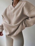 Half-Zip Sweatshirt Oversized Beige Women's Pullover – Casual, Loungewear, Everyday Comfort