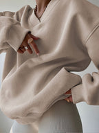 Half-Zip Sweatshirt Oversized Beige Women's Pullover – Casual, Loungewear, Everyday Comfort