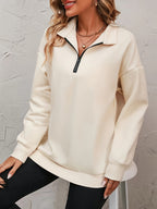 Half-Zip Sweatshirt Women's Beige Long Sleeve Collared Pullover – Casual, Office, Everyday Wear