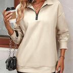 Half-Zip Sweatshirt Women's Beige Long Sleeve Collared Pullover – Casual, Office, Everyday Wear