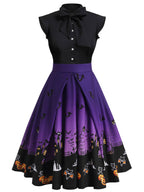 Halloween Dress Pumpkin Print Black Women's Vintage A-Line Bow Tie – Party, Costume, Gift