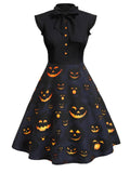 Halloween Dress Pumpkin Print Black Women's Vintage A-Line Bow Tie – Party, Costume, Gift