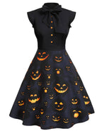 Halloween Dress Pumpkin Print Black Women's Vintage A-Line Bow Tie – Party, Costume, Gift