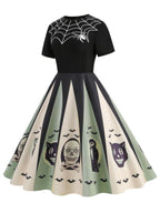 Halloween Dress Women's Spider Web Skull Bat Print Vintage Swing Midi – Costume Party, Gift, Casual