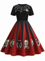 Halloween Dress Women's Spider Web Skull Bat Print Vintage Swing Midi – Costume Party, Gift, Casual