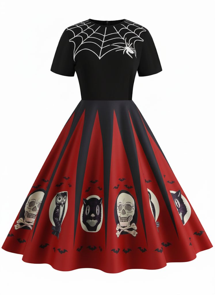 Halloween Dress Women's Spider Web Skull Bat Print Vintage Swing Midi – Costume Party, Gift, Casual