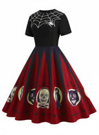 Halloween Dress Women's Spider Web Skull Bat Print Vintage Swing Midi – Costume Party, Gift, Casual