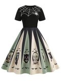 Halloween Dress Women's Spider Web Skull Bat Print Vintage Swing Midi – Costume Party, Gift, Casual