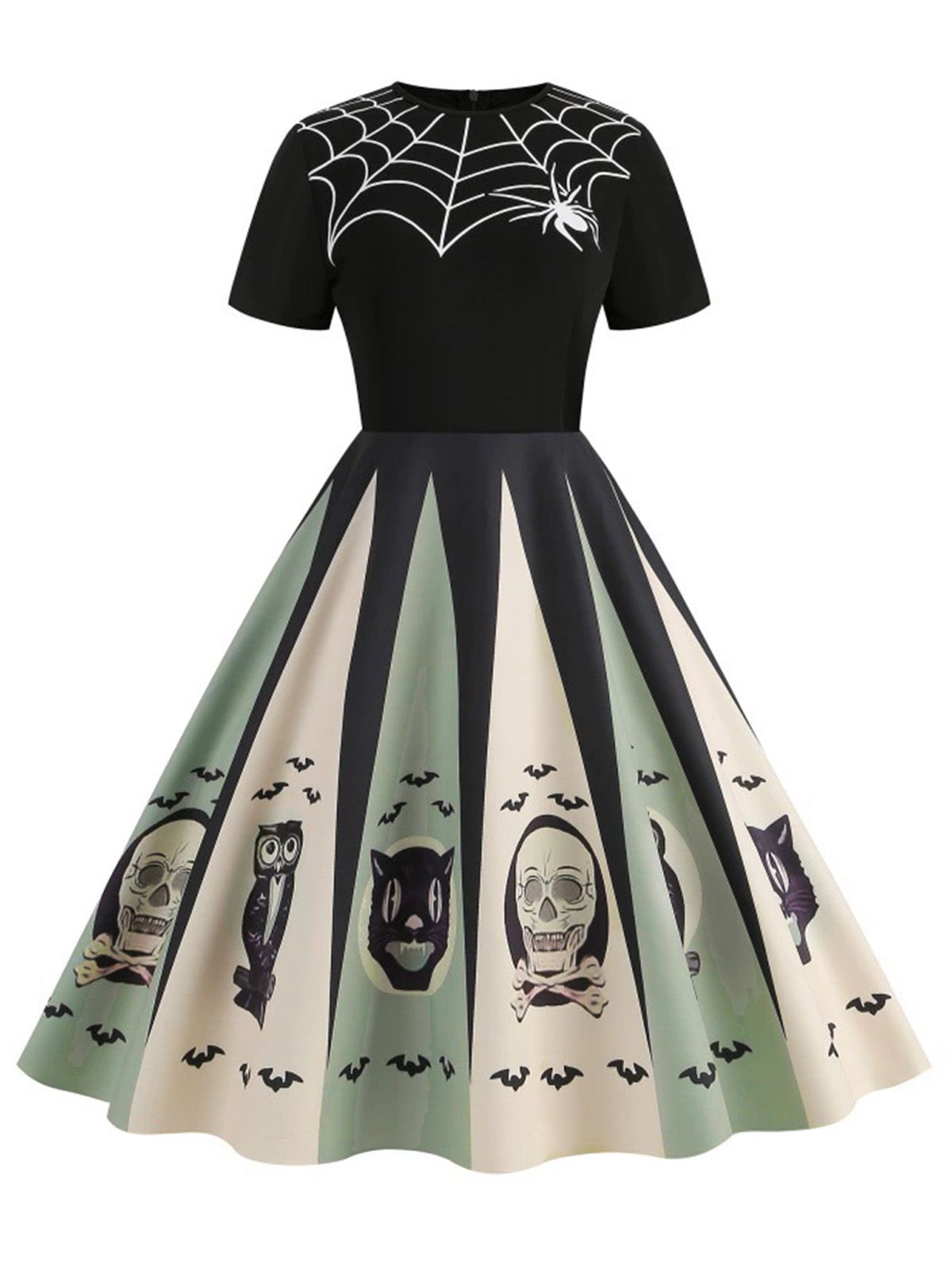 Halloween Dress Women's Spider Web Skull Bat Print Vintage Swing Midi – Costume Party, Gift, Casual