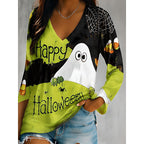 Halloween Graphic Top Long Sleeve V-Neck Women's Pumpkin Print – Casual, Party, Autumn Gift