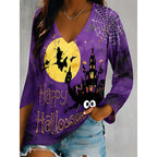 Halloween Graphic Top Long Sleeve V-Neck Women's Pumpkin Print – Casual, Party, Autumn Gift