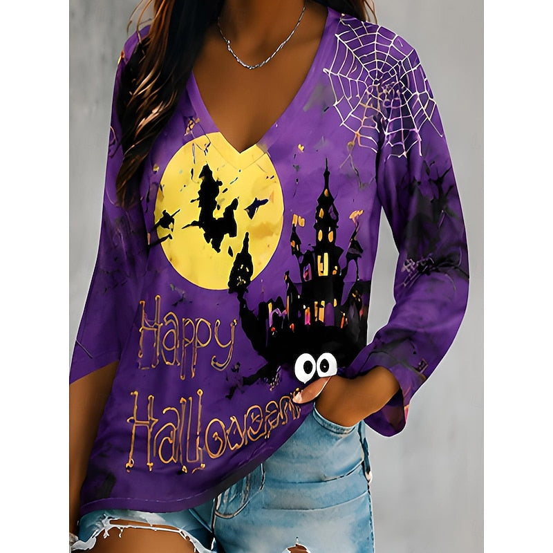 Halloween Graphic Top Long Sleeve V-Neck Women's Pumpkin Print – Casual, Party, Autumn Gift
