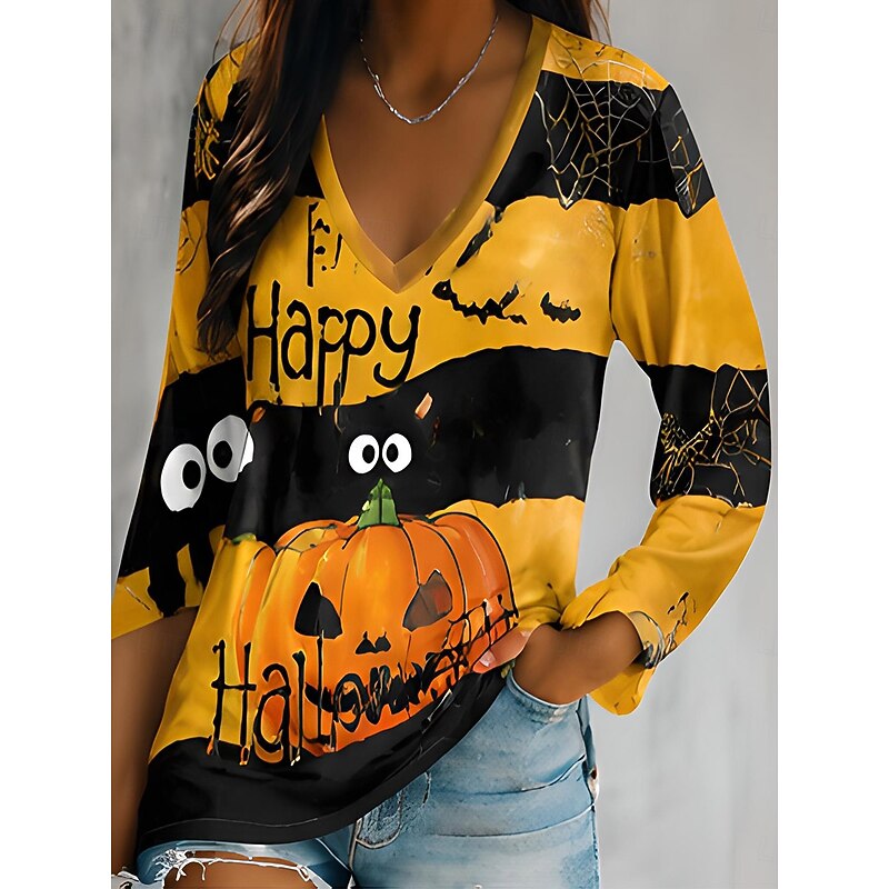 Halloween Graphic Top Long Sleeve V-Neck Women's Pumpkin Print – Casual, Party, Autumn Gift