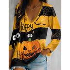 Halloween Graphic Top Long Sleeve V-Neck Women's Pumpkin Print – Casual, Party, Autumn Gift