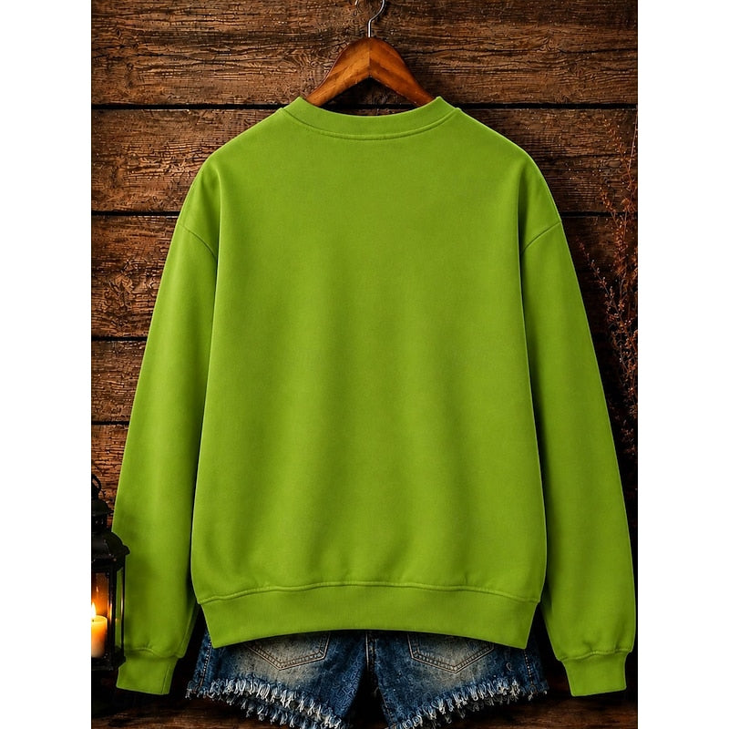 Halloween Sweatshirt Green Witch Print Women's Crew-Neck Pullover – Casual, Festive Costume Gift