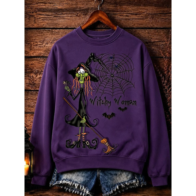 Halloween Sweatshirt Green Witch Print Women's Crew-Neck Pullover – Casual, Festive Costume Gift